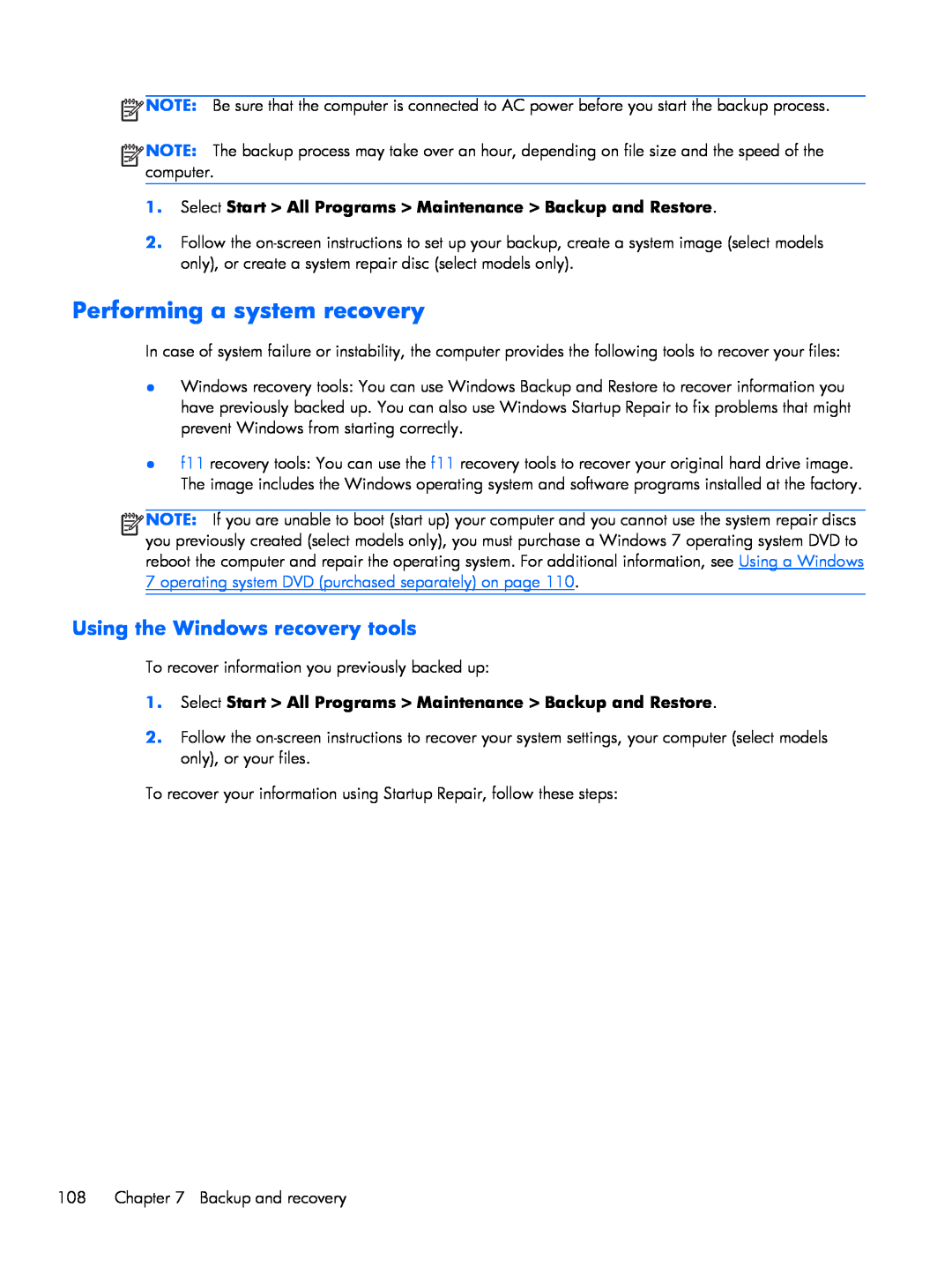 HP 9470m i7 Win8 D3K33UT#ABA manual Performing a system recovery, Using the Windows recovery tools 