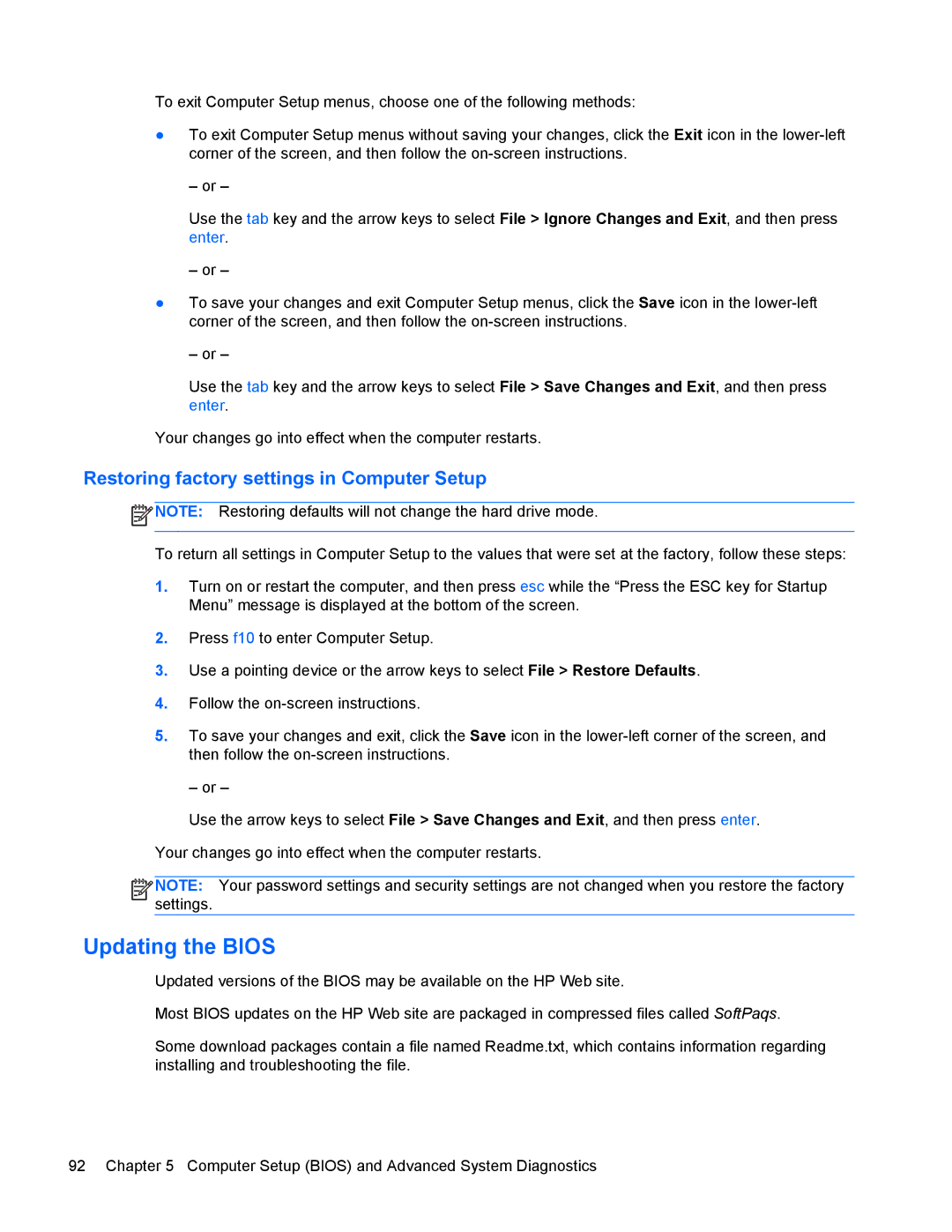 HP 9470m manual Updating the Bios, Restoring factory settings in Computer Setup 