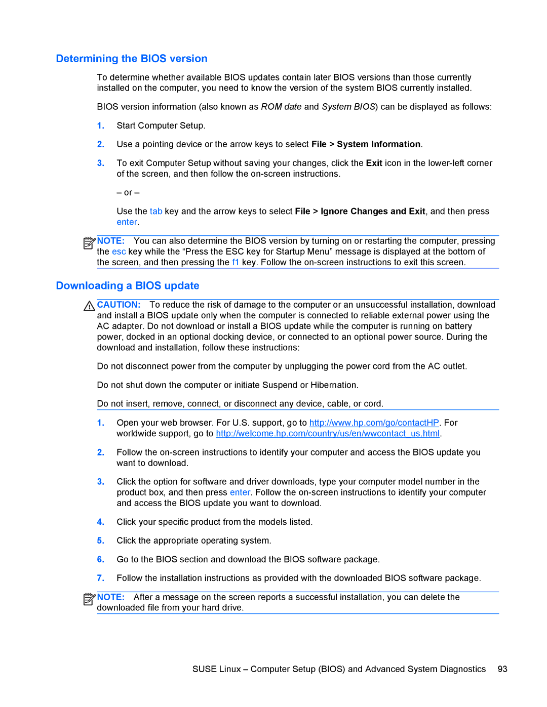 HP 9470m manual Determining the Bios version, Downloading a Bios update 