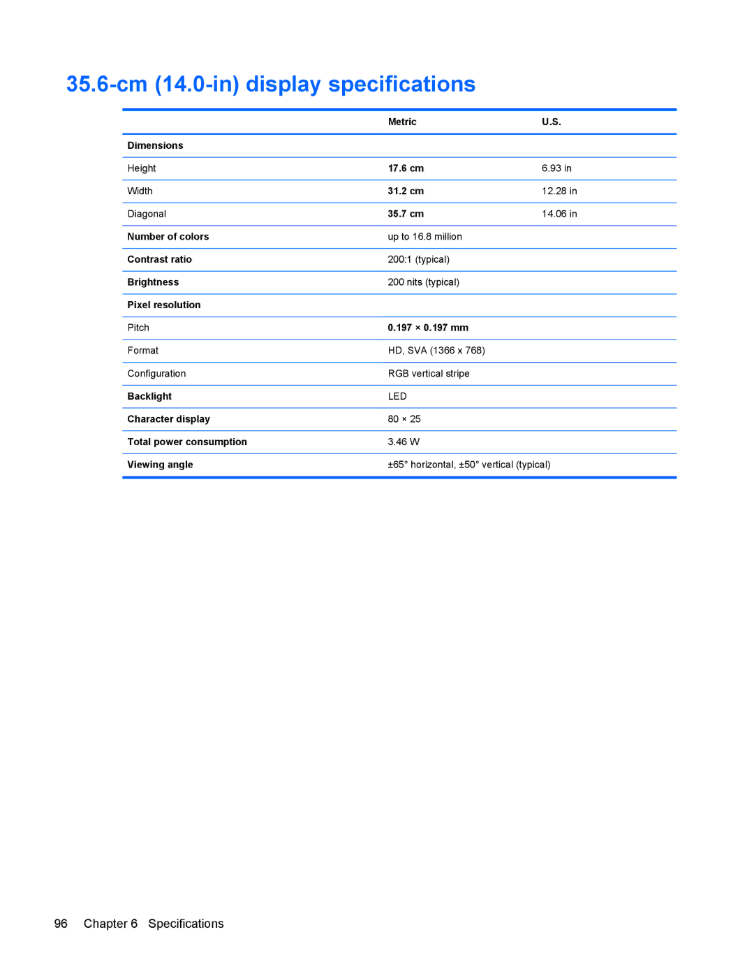 HP 9470m manual 35.6-cm 14.0-in display specifications 