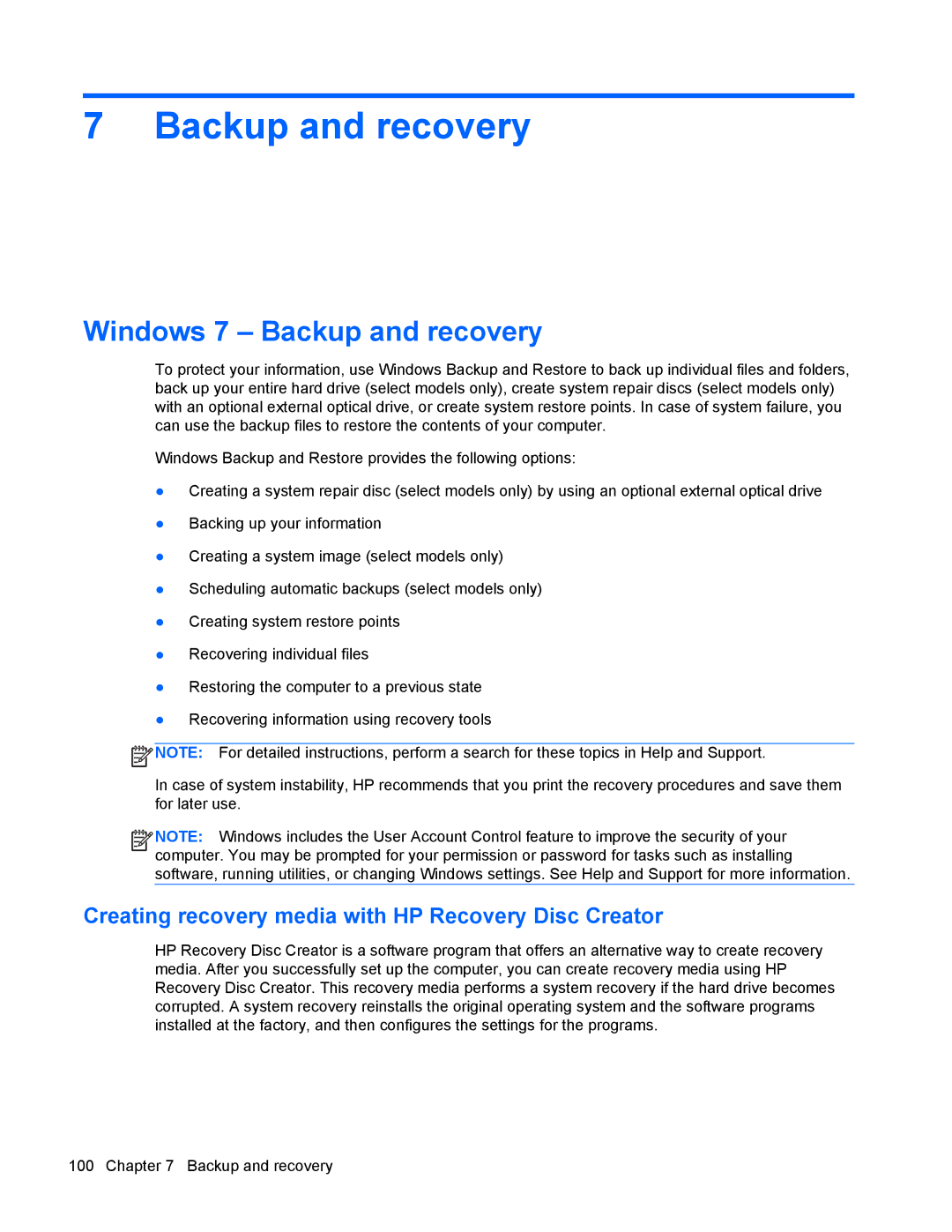 HP 9470m manual Windows 7 Backup and recovery, Creating recovery media with HP Recovery Disc Creator 