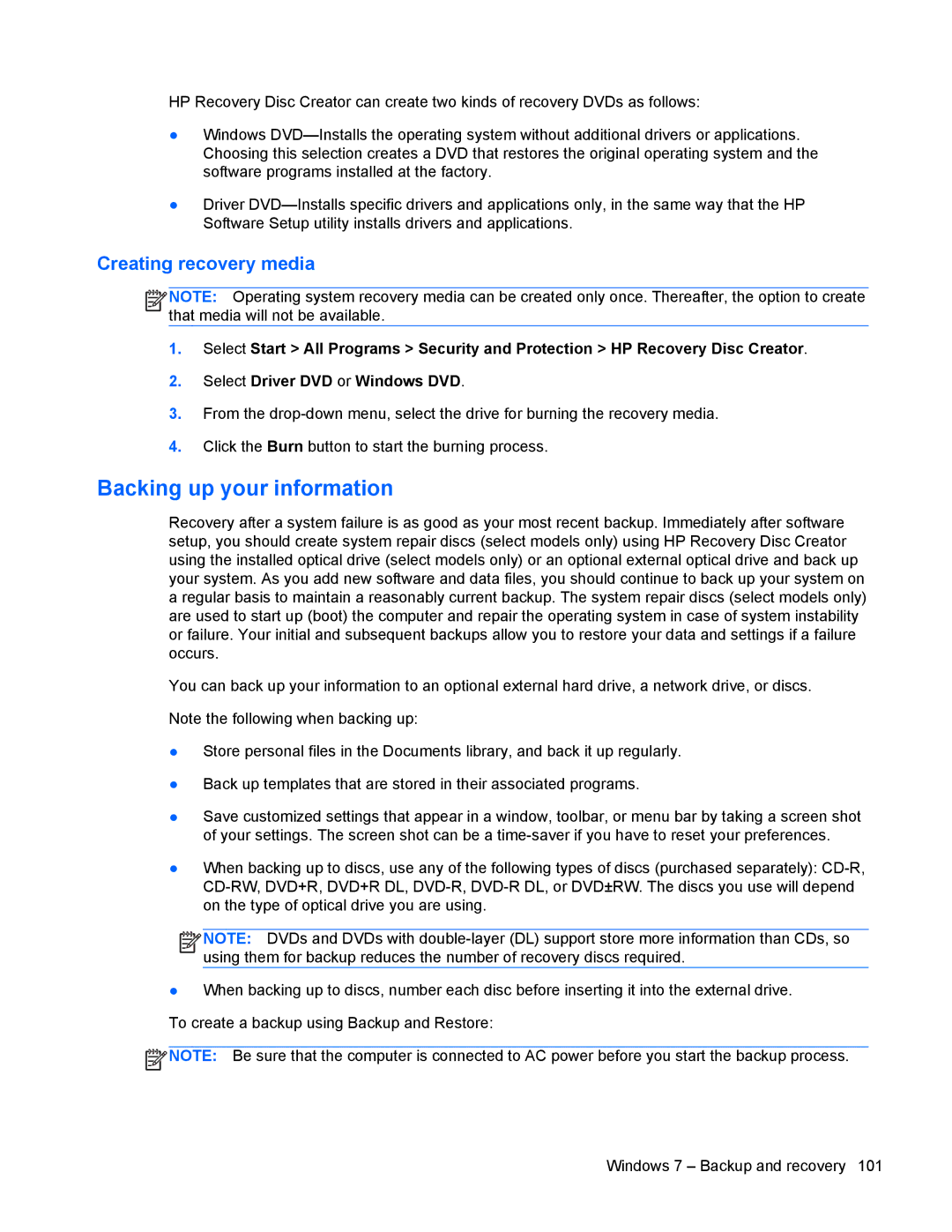 HP 9470m manual Backing up your information, Creating recovery media 