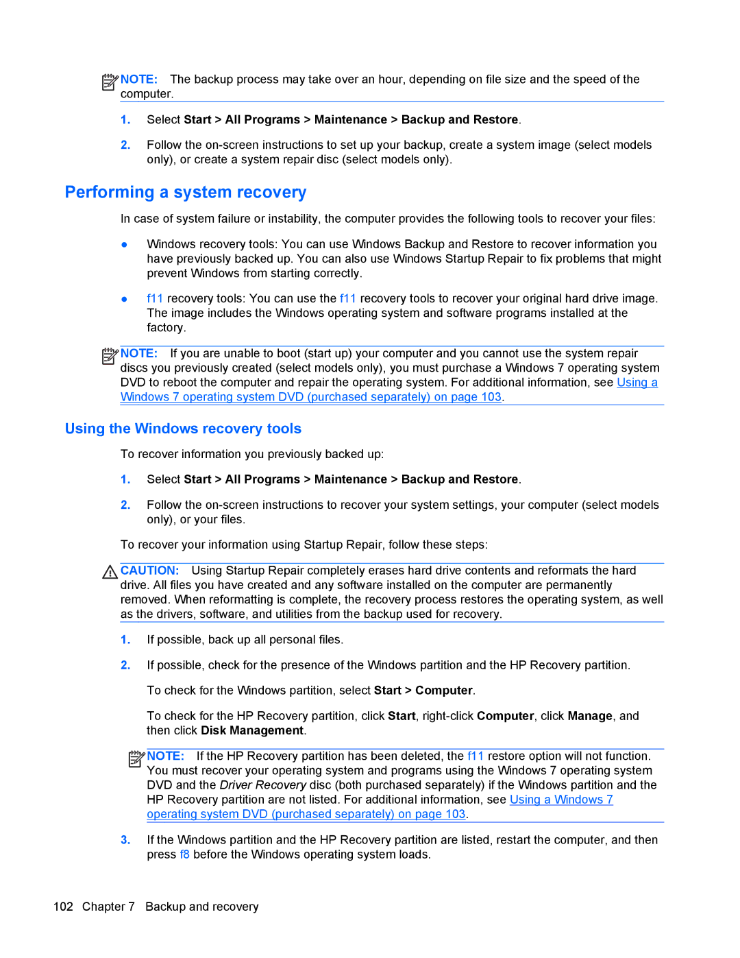 HP 9470m manual Performing a system recovery, Using the Windows recovery tools 