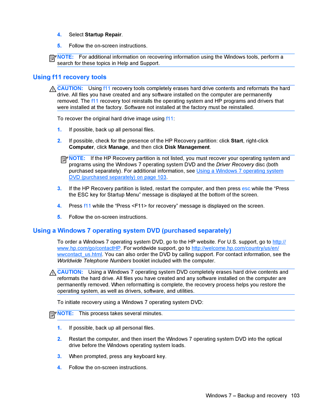 HP 9470m manual Using f11 recovery tools, Using a Windows 7 operating system DVD purchased separately 