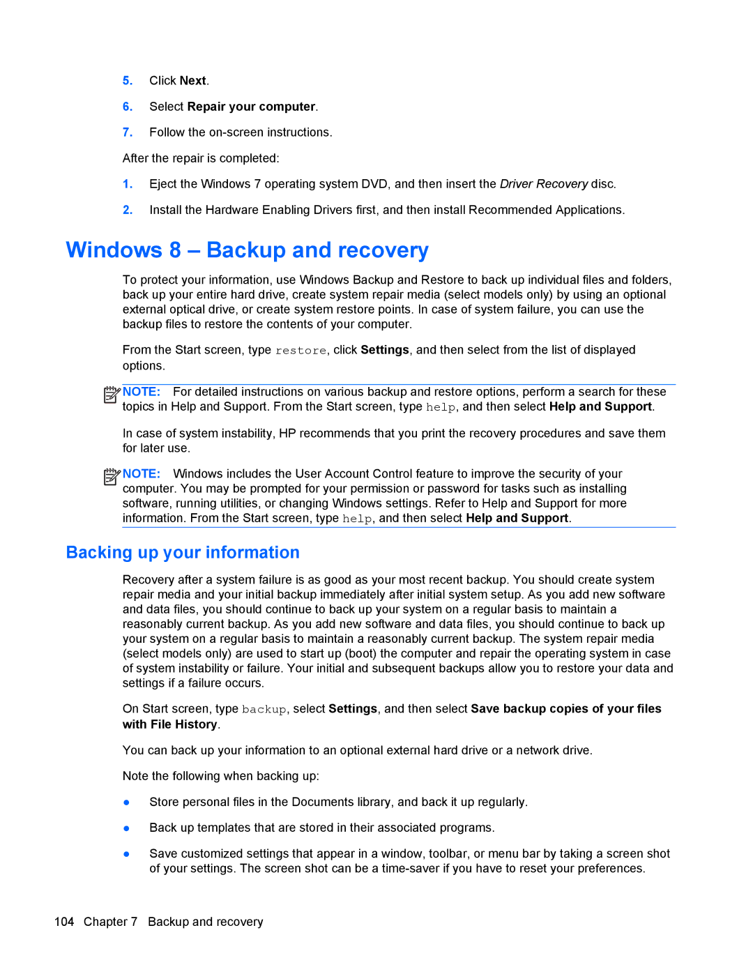 HP 9470m manual Windows 8 Backup and recovery, Select Repair your computer 