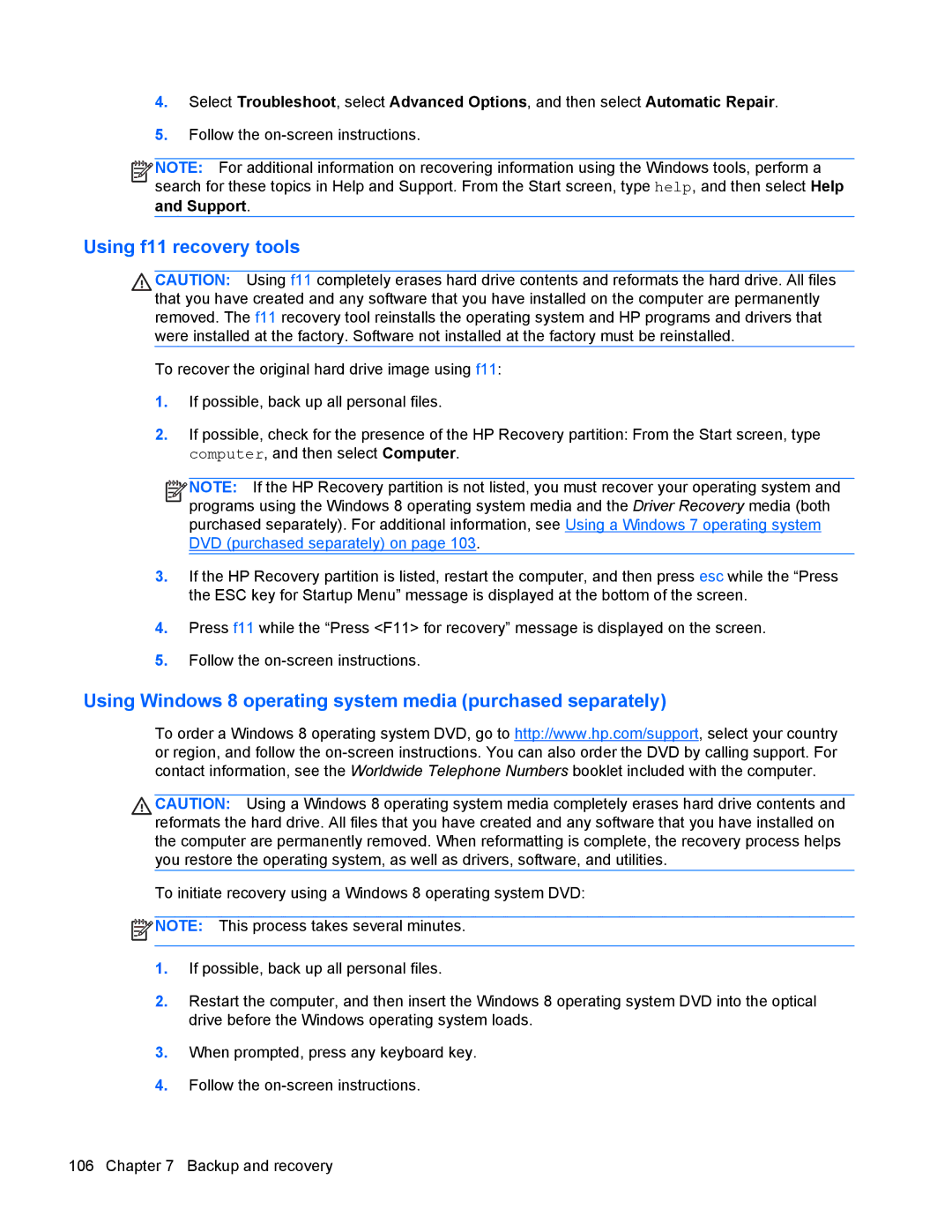 HP 9470m manual Using f11 recovery tools, Using Windows 8 operating system media purchased separately 