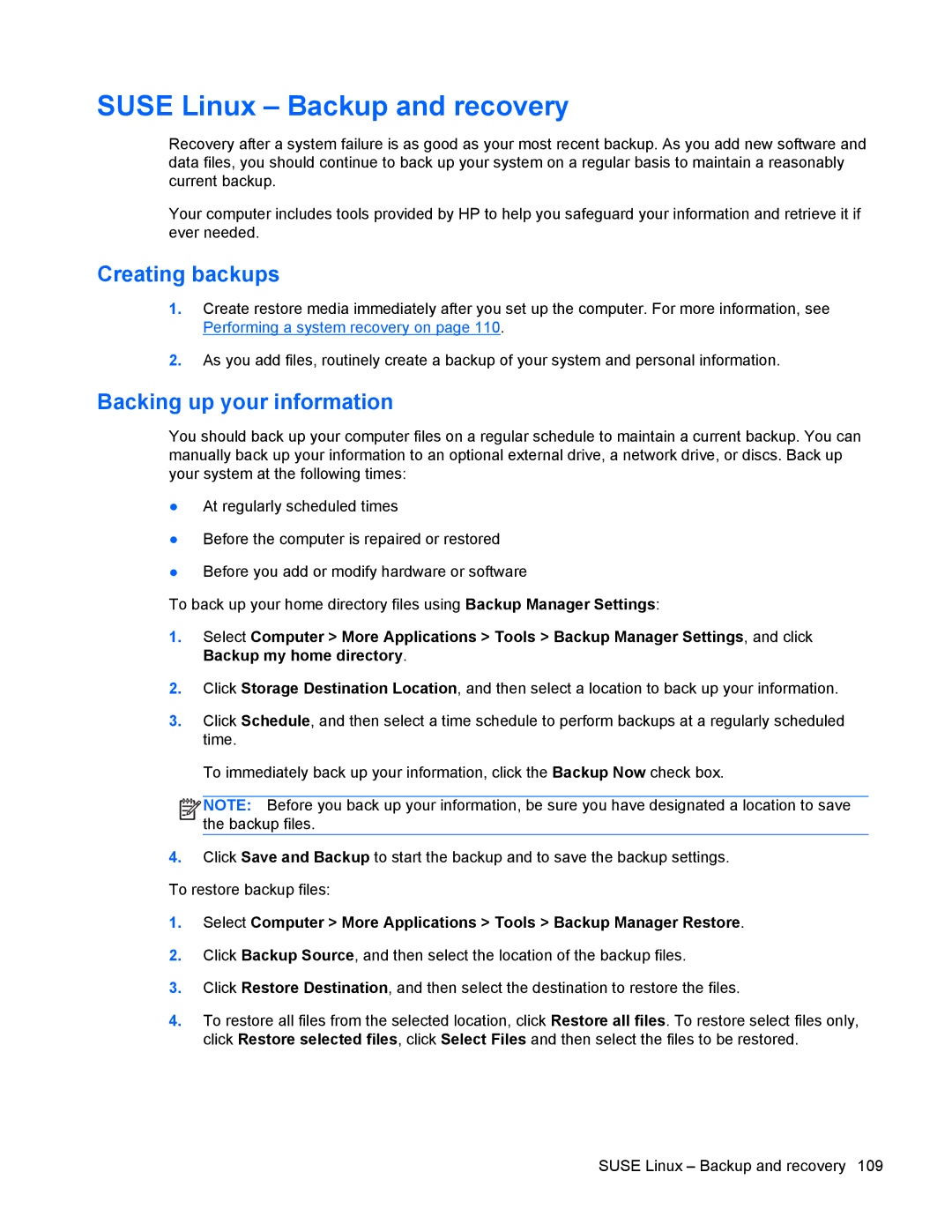 HP 9470m manual Suse Linux Backup and recovery, Creating backups 