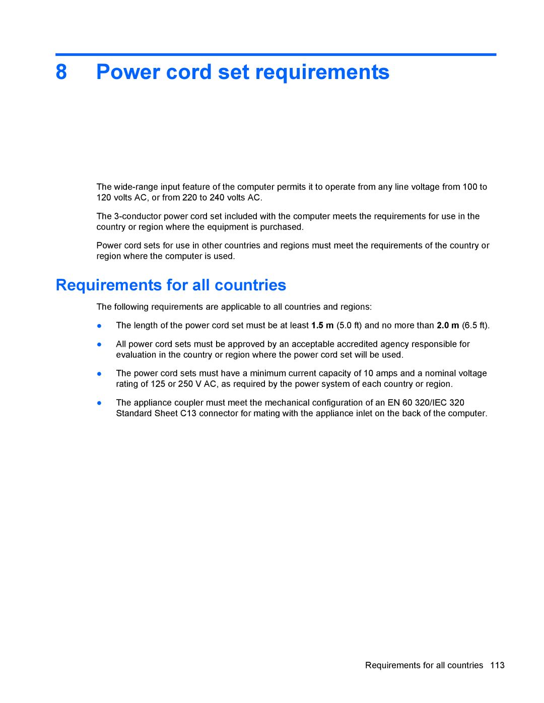 HP 9470m manual Power cord set requirements, Requirements for all countries 