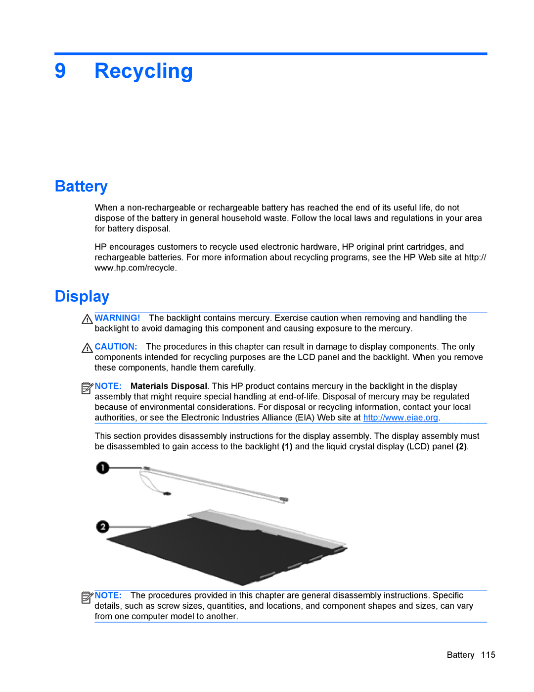 HP 9470m manual Recycling, Battery 