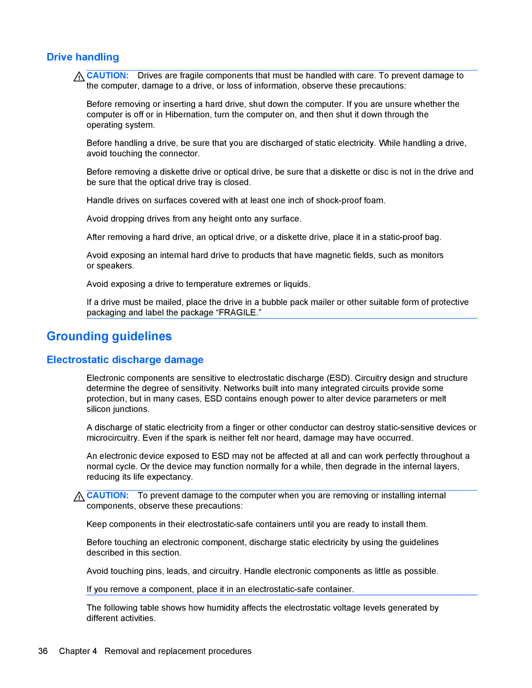 HP 9470m manual Grounding guidelines, Drive handling, Electrostatic discharge damage 