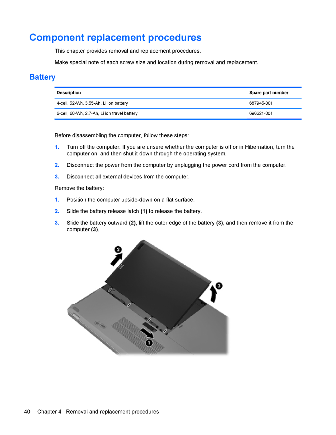 HP 9470m manual Component replacement procedures, Battery 