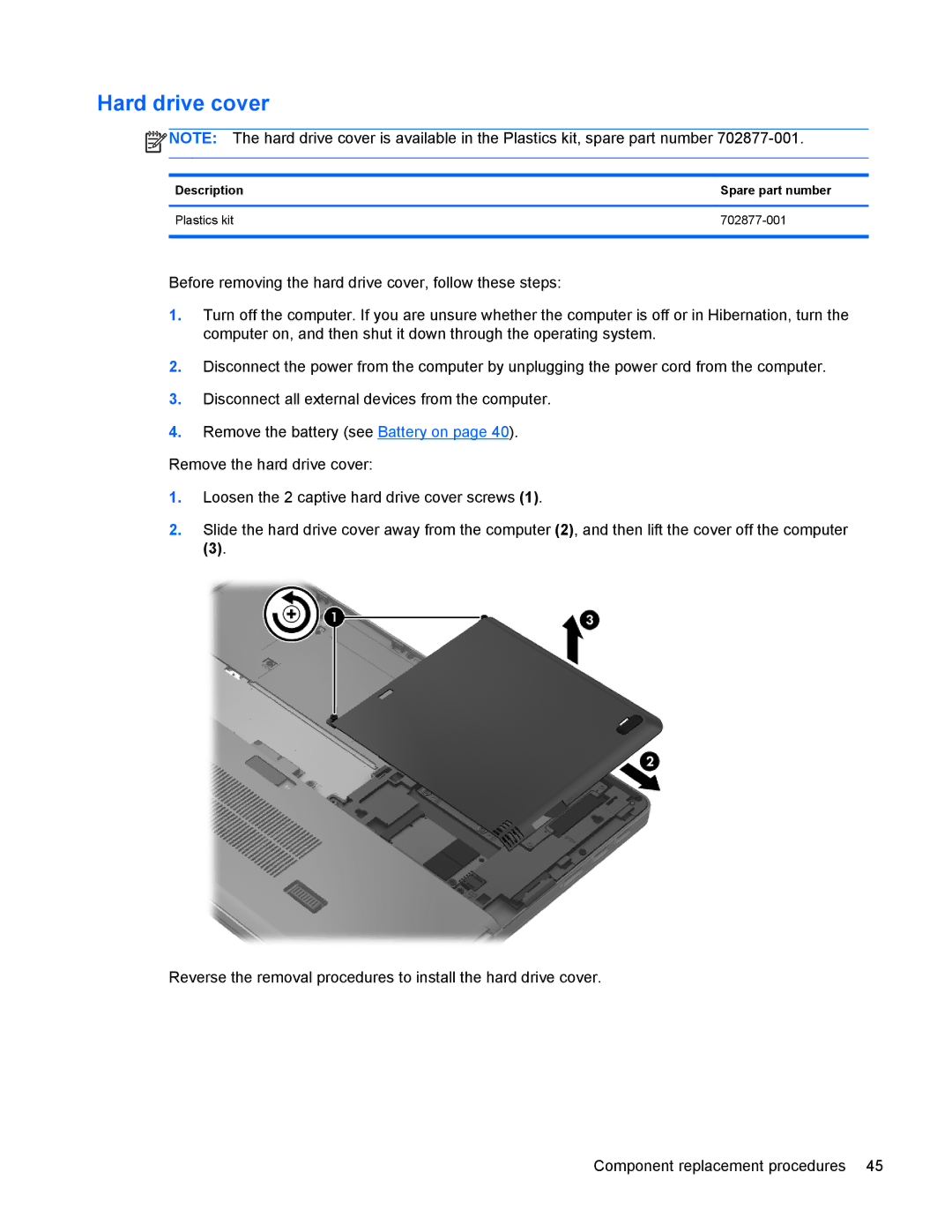 HP 9470m manual Hard drive cover, Description Spare part number Plastics kit 702877-001 