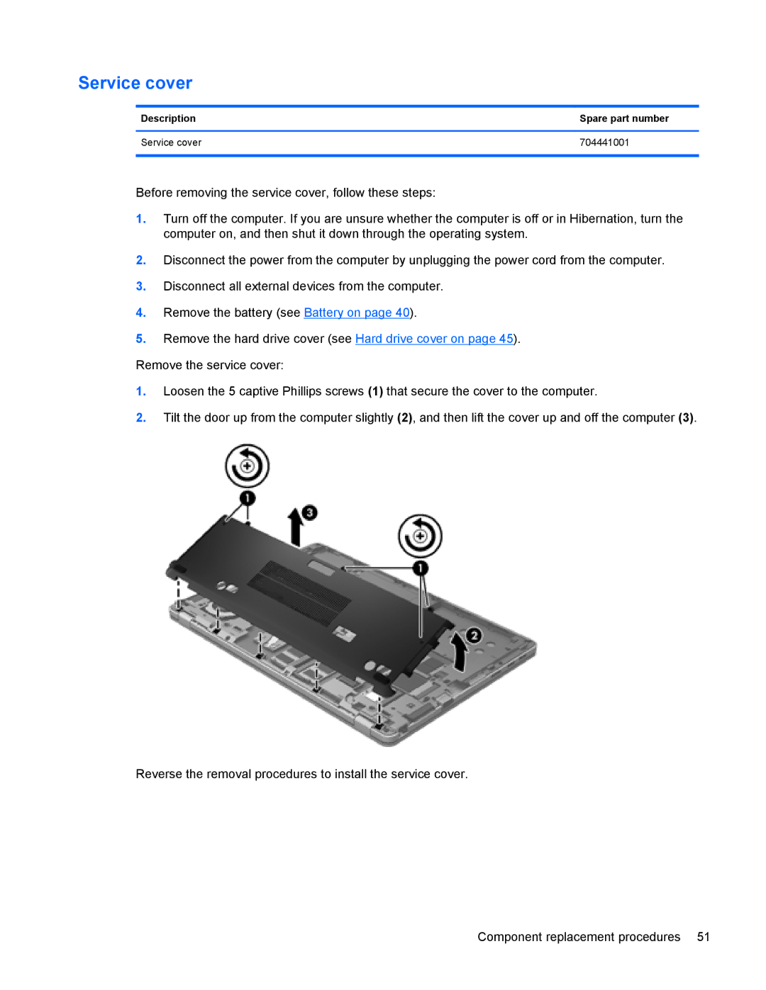 HP 9470m manual Description Spare part number Service cover 704441001 