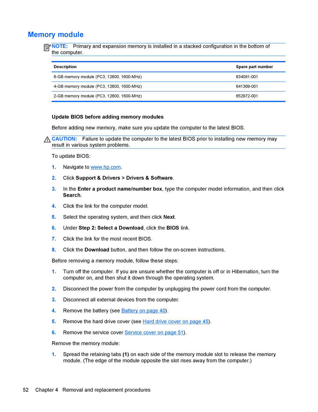 HP 9470m manual Memory module, Update Bios before adding memory modules 