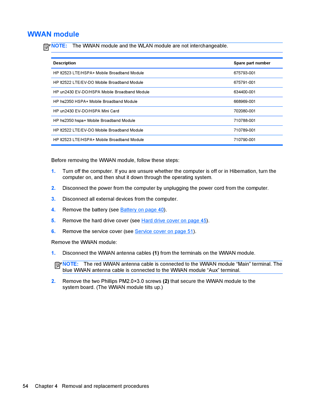 HP 9470m manual Wwan module 