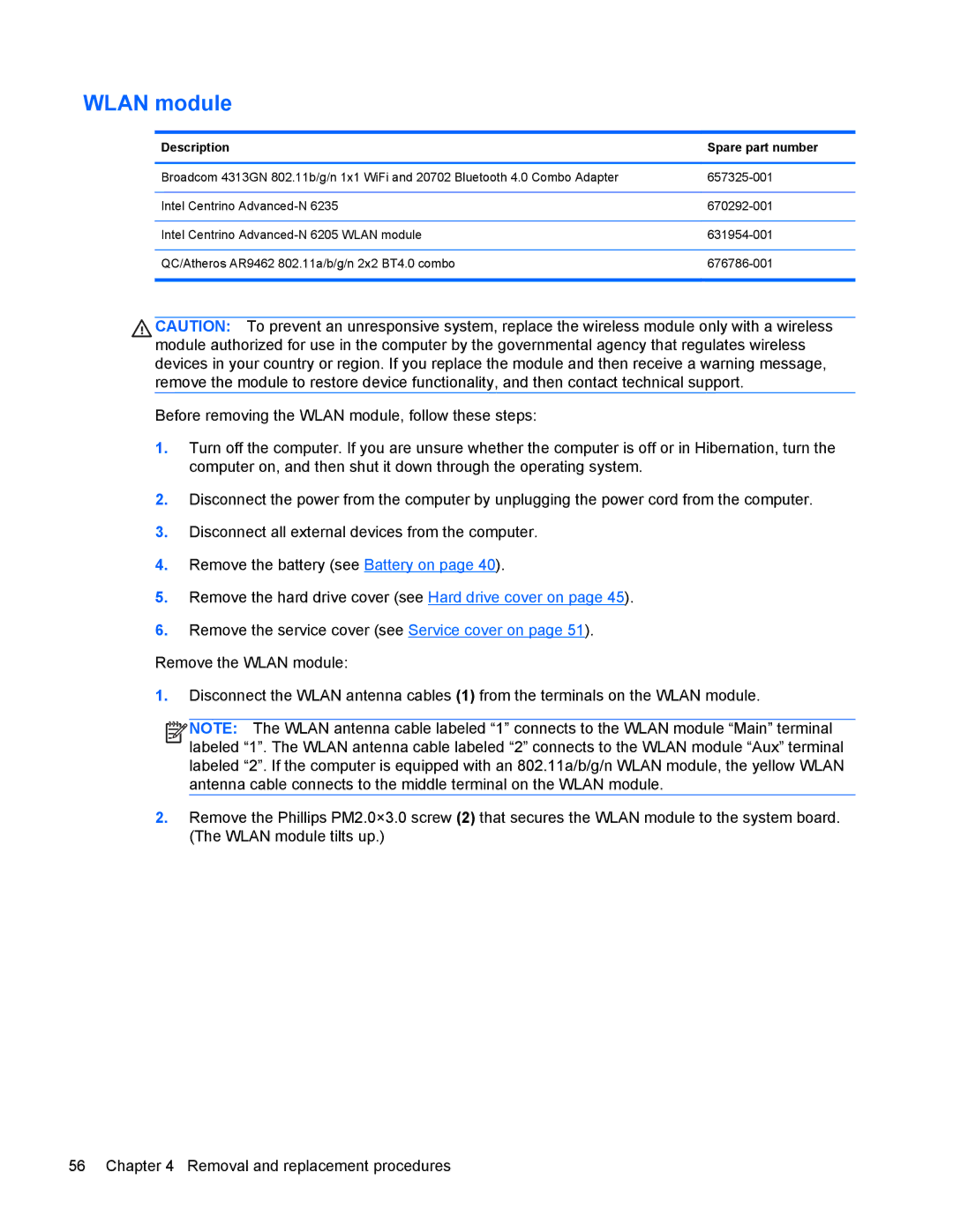 HP 9470m manual Wlan module 