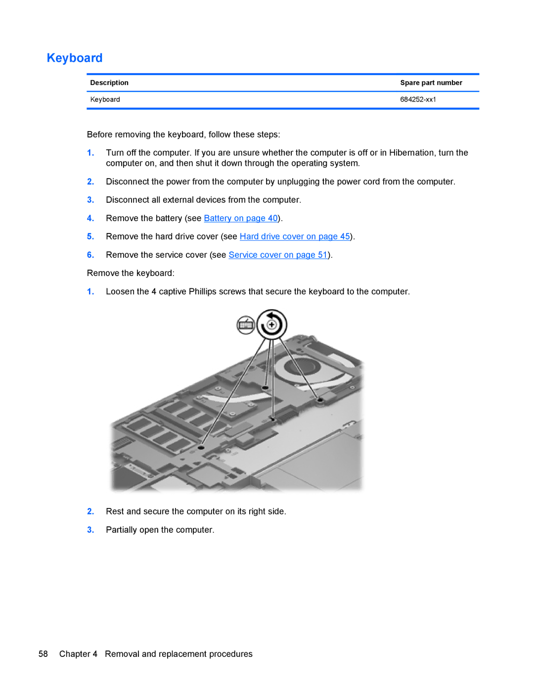 HP 9470m manual Description Spare part number Keyboard 684252-xx1 