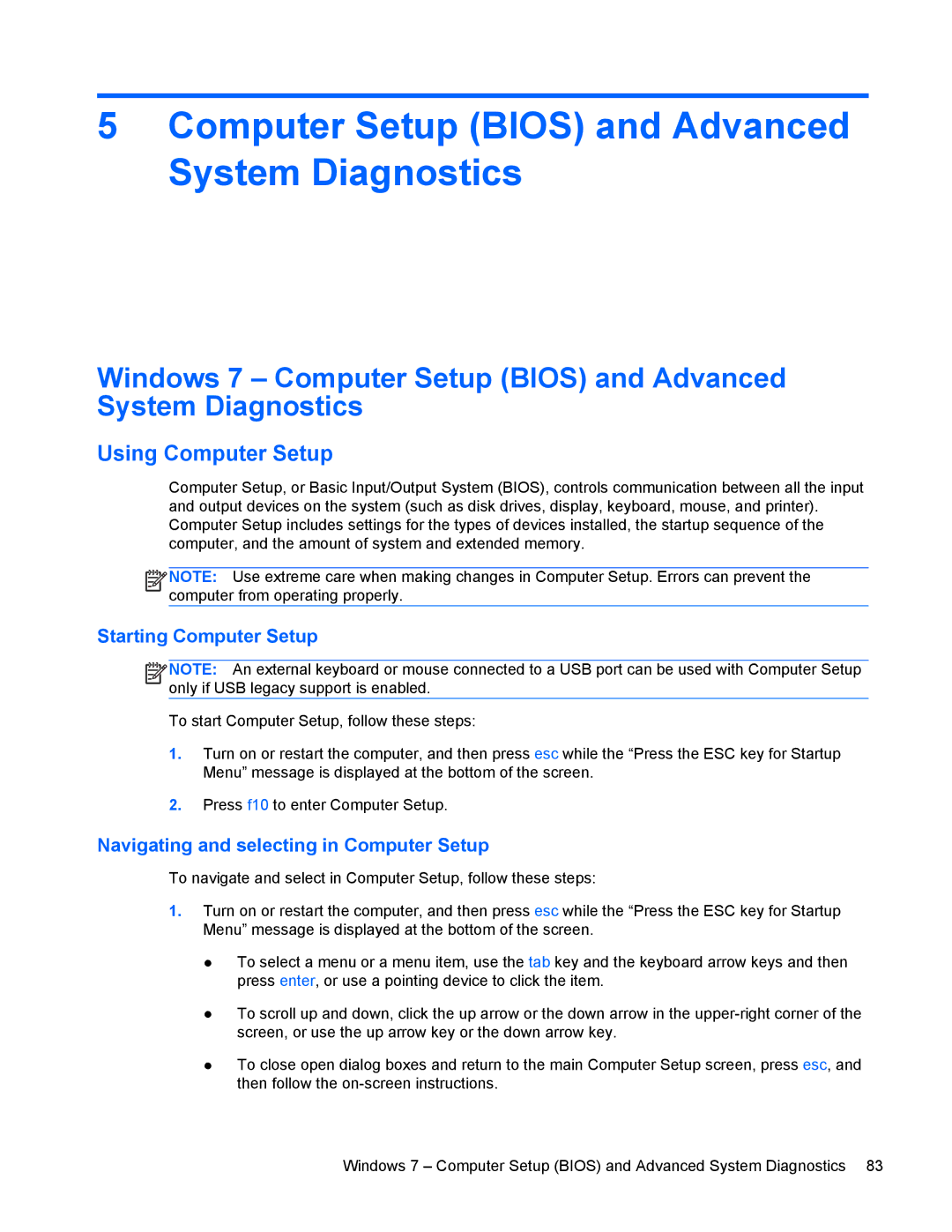 HP 9470m manual Computer Setup Bios and Advanced System Diagnostics, Using Computer Setup, Starting Computer Setup 