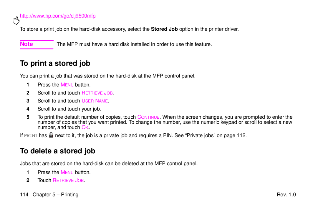 HP 9500mfp manual To print a stored job, To delete a stored job 