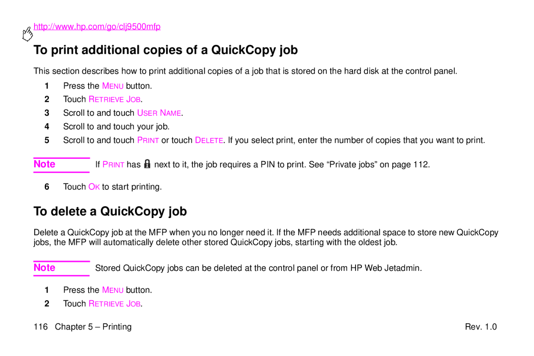 HP 9500mfp manual To print additional copies of a QuickCopy job, To delete a QuickCopy job 