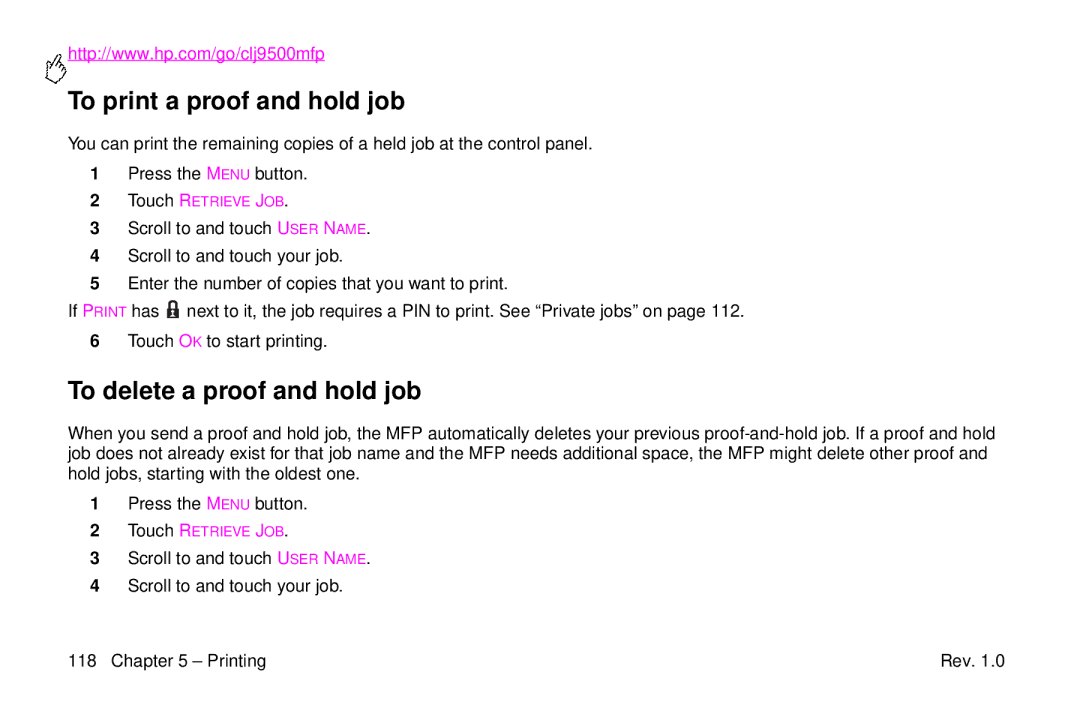 HP 9500mfp manual To print a proof and hold job, To delete a proof and hold job 