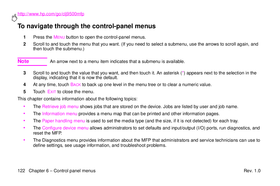 HP 9500mfp manual To navigate through the control-panel menus 