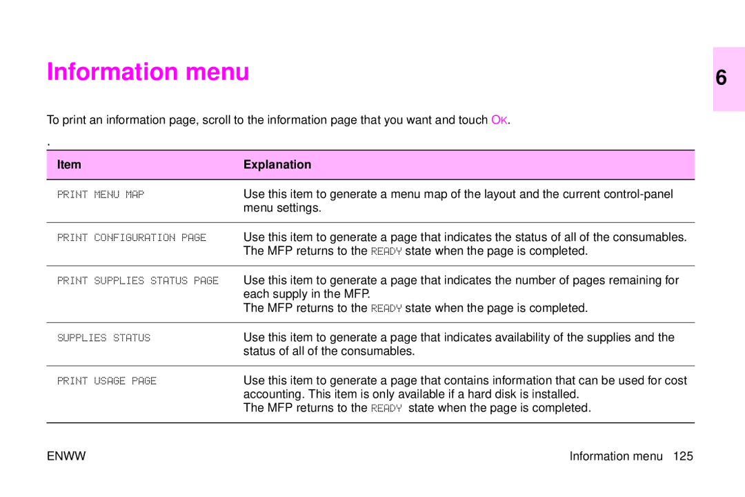 HP 9500mfp manual Information menu 