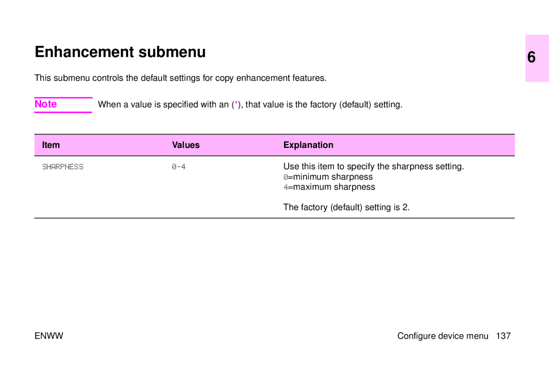 HP 9500mfp Enhancement submenu, Use this item to specify the sharpness setting, =minimum sharpness, =maximum sharpness 