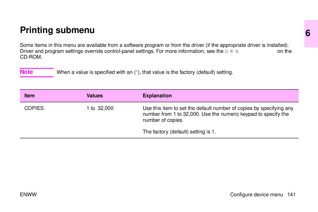 HP 9500mfp manual Printing submenu, Number from 1 to 32,000. Use the numeric keypad to specify 