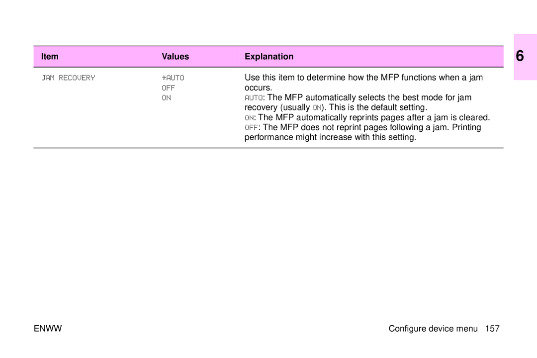 HP 9500mfp manual Use this item to determine how the MFP functions when a jam, Occurs 