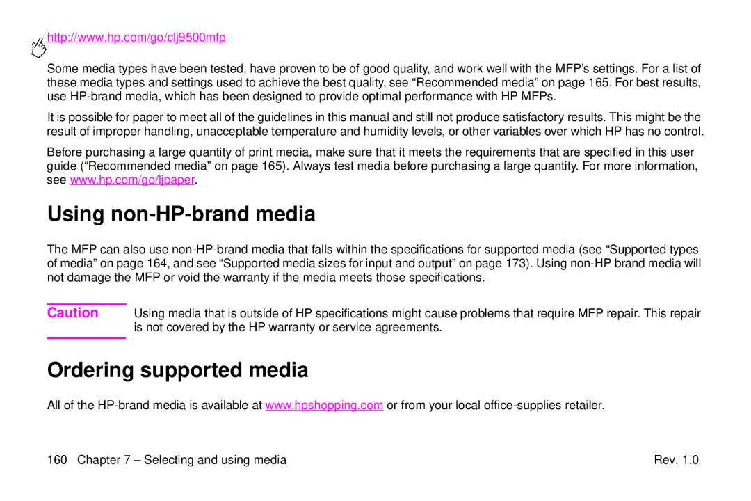 HP 9500mfp manual Using non-HP-brand media, Ordering supported media, Selecting and using media 