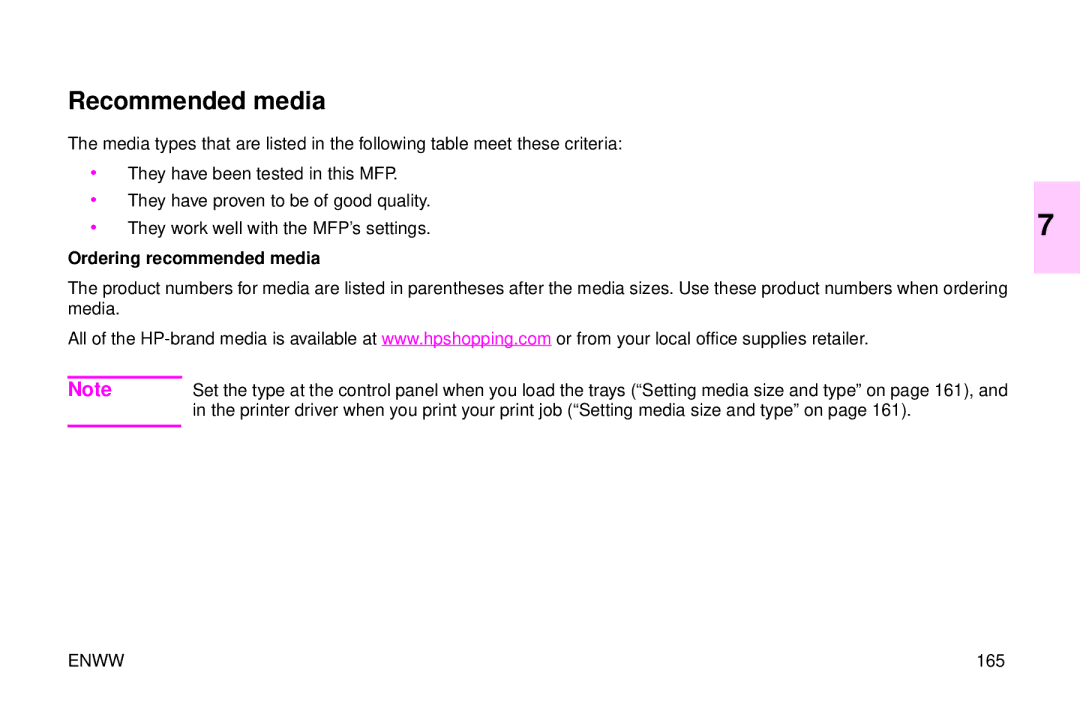 HP 9500mfp manual Recommended media, Ordering recommended media, 165 