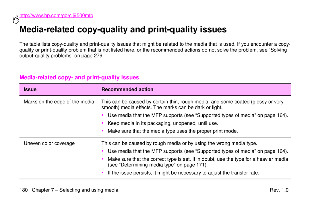 HP 9500mfp Media-related copy-quality and print-quality issues, Issue Recommended action, See Determining media type on 