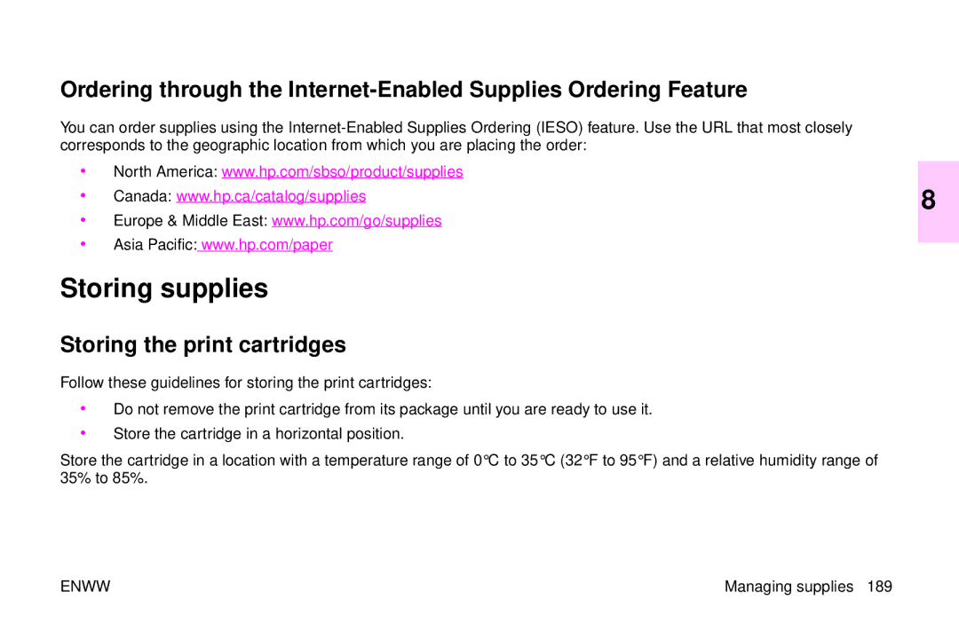 HP 9500mfp manual Storing supplies, Storing the print cartridges 