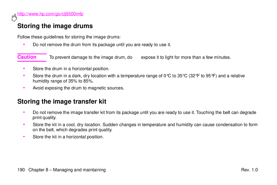 HP 9500mfp manual Storing the image drums, Storing the image transfer kit 