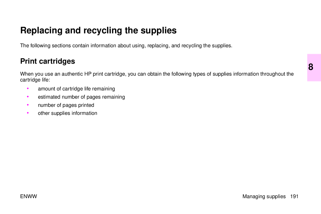 HP 9500mfp manual Replacing and recycling the supplies, Print cartridges 