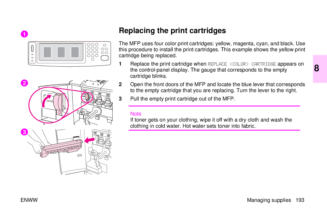 HP 9500mfp manual Replacing the print cartridges 