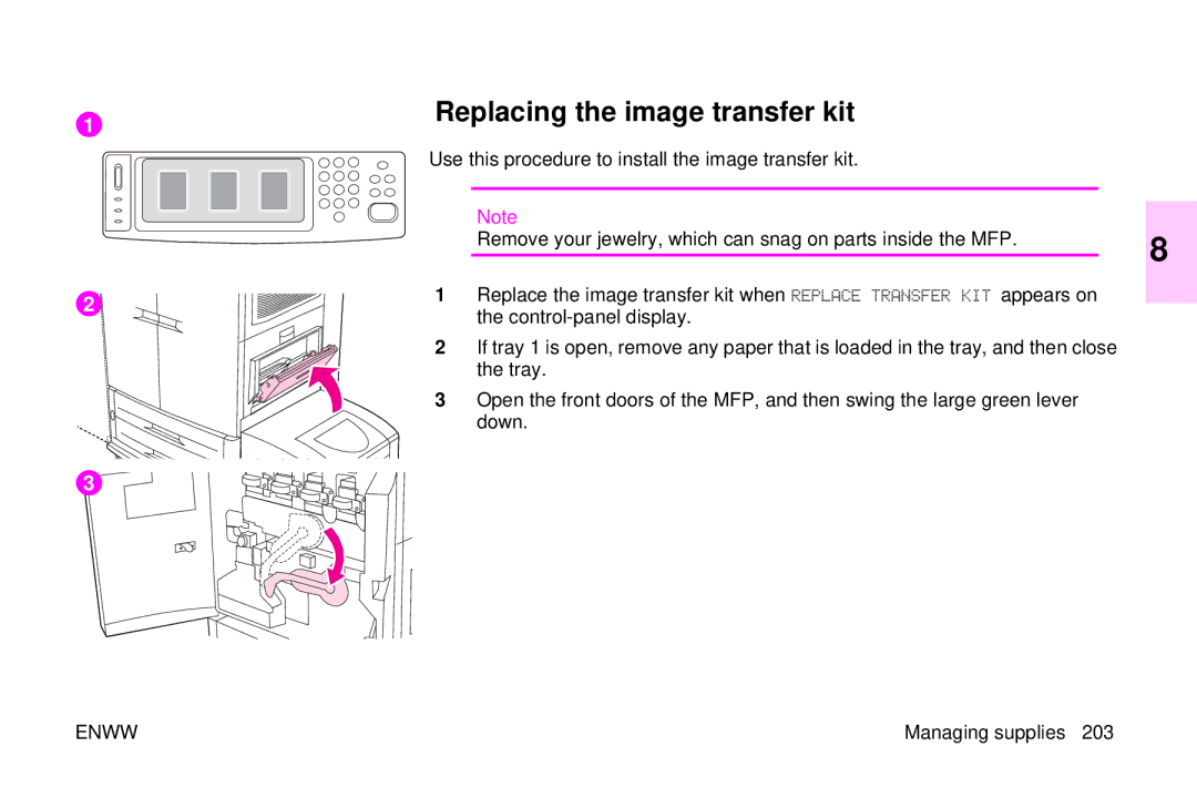 HP 9500mfp manual Replacing the image transfer kit 