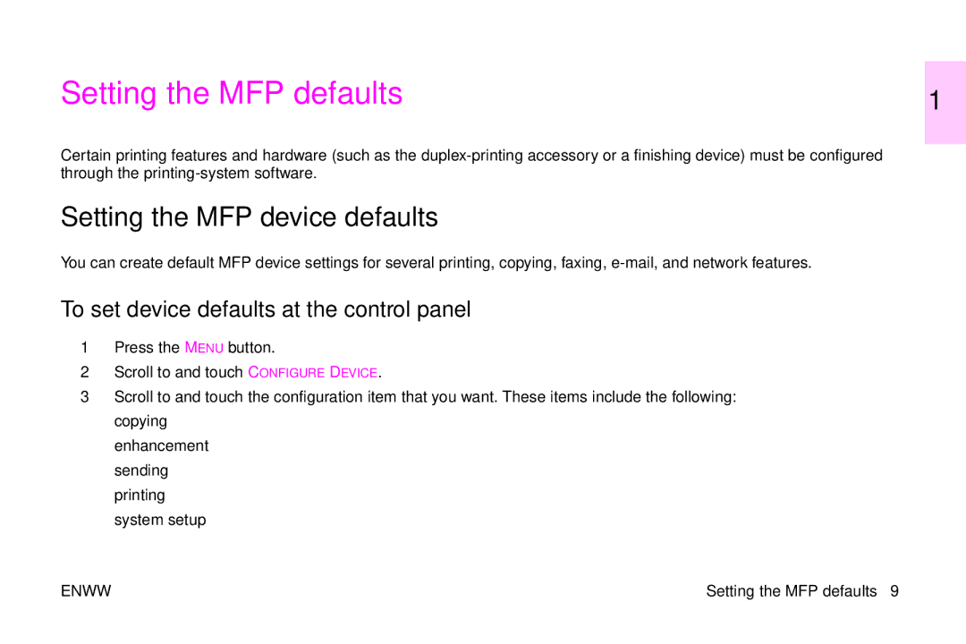 HP 9500mfp manual Setting the MFP defaults, Setting the MFP device defaults, To set device defaults at the control panel 