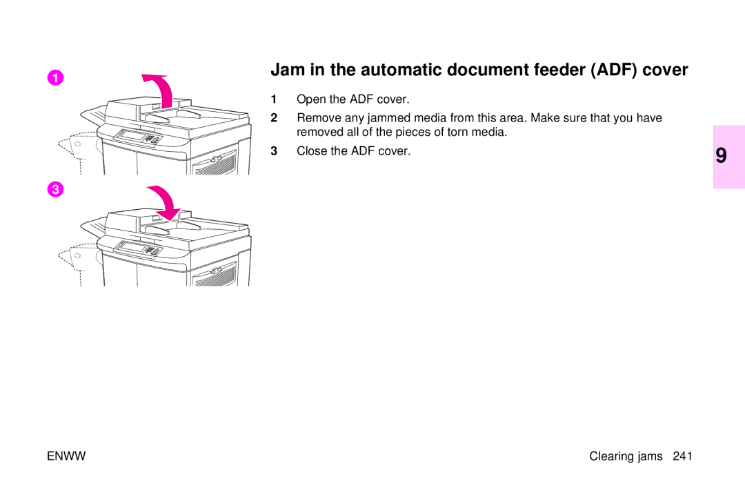 HP 9500mfp manual Jam in the automatic document feeder ADF cover 