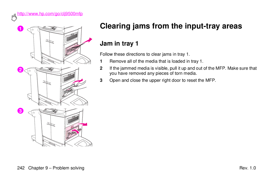 HP 9500mfp manual Clearing jams from the input-tray areas, Jam in tray 