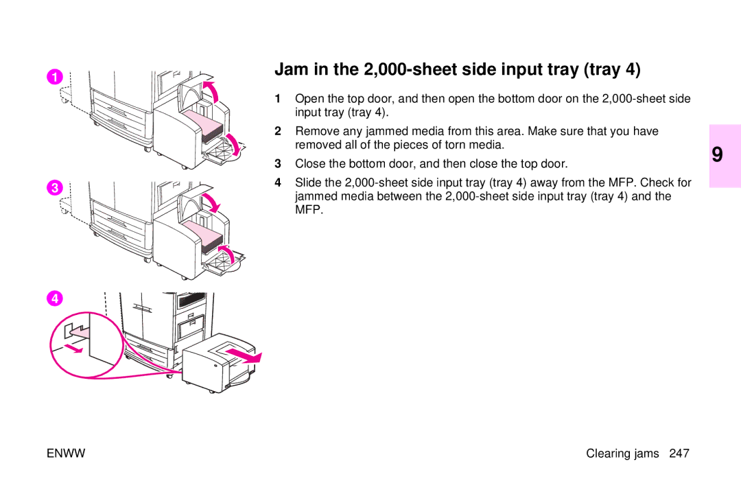 HP 9500mfp manual Jam in the 2,000-sheet side input tray tray 