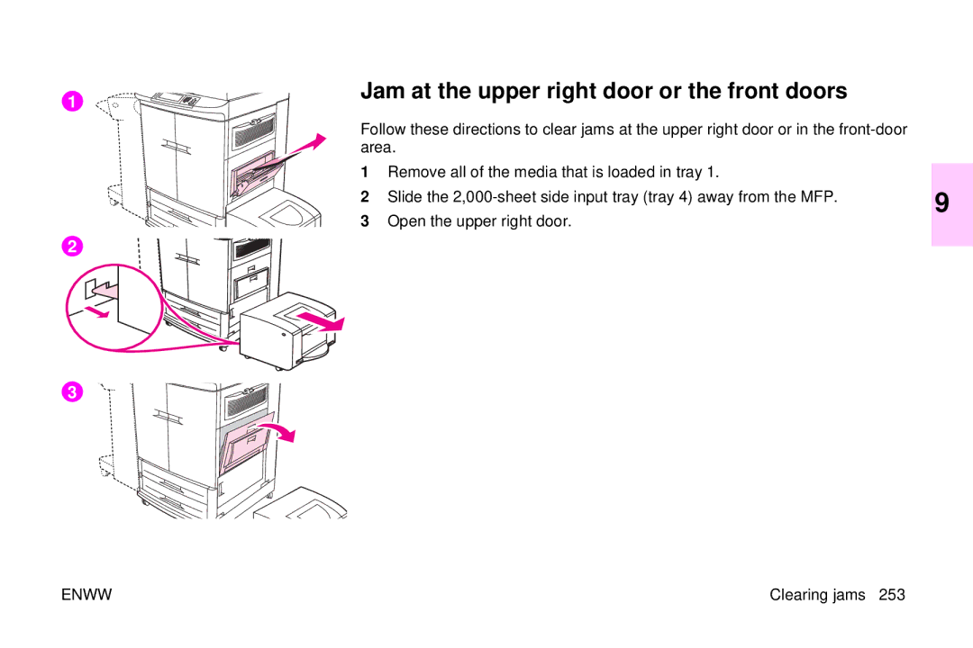 HP 9500mfp manual Jam at the upper right door or the front doors 