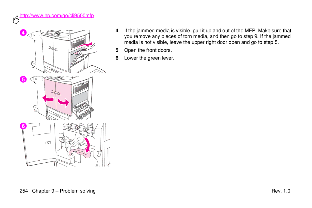 HP 9500mfp manual Open the front doors Lower the green lever Problem solving 