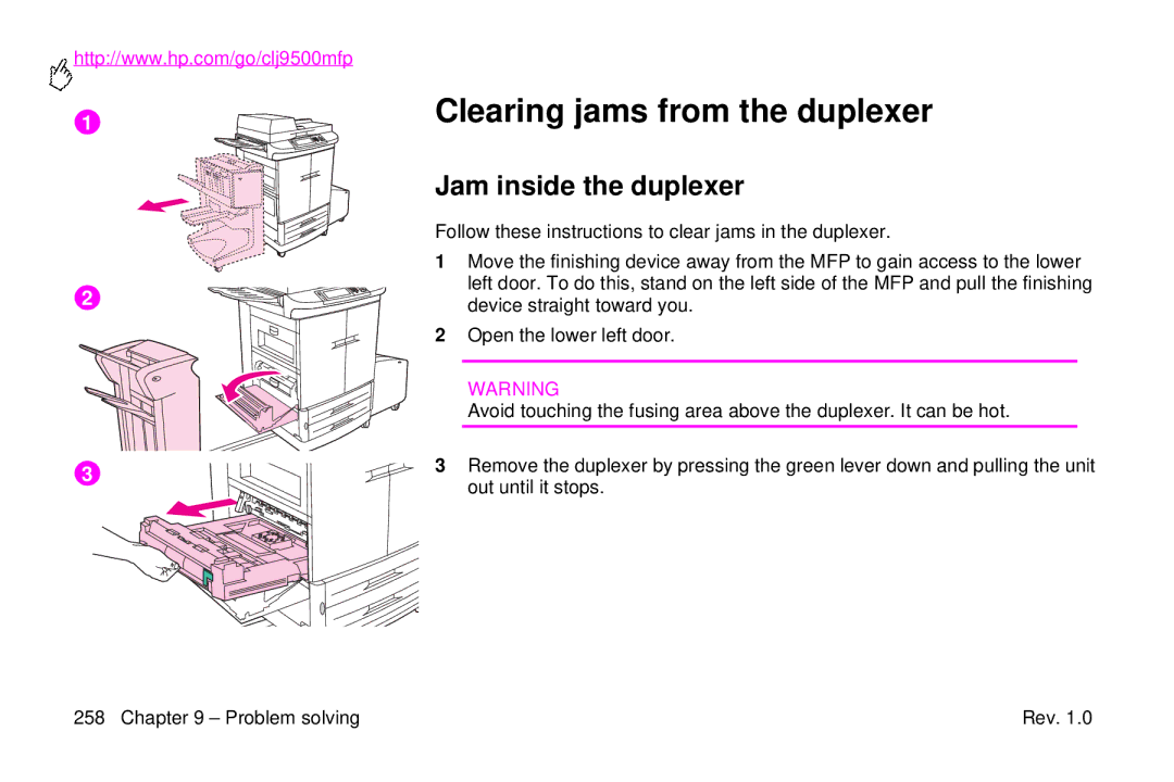 HP 9500mfp manual Clearing jams from the duplexer, Jam inside the duplexer 