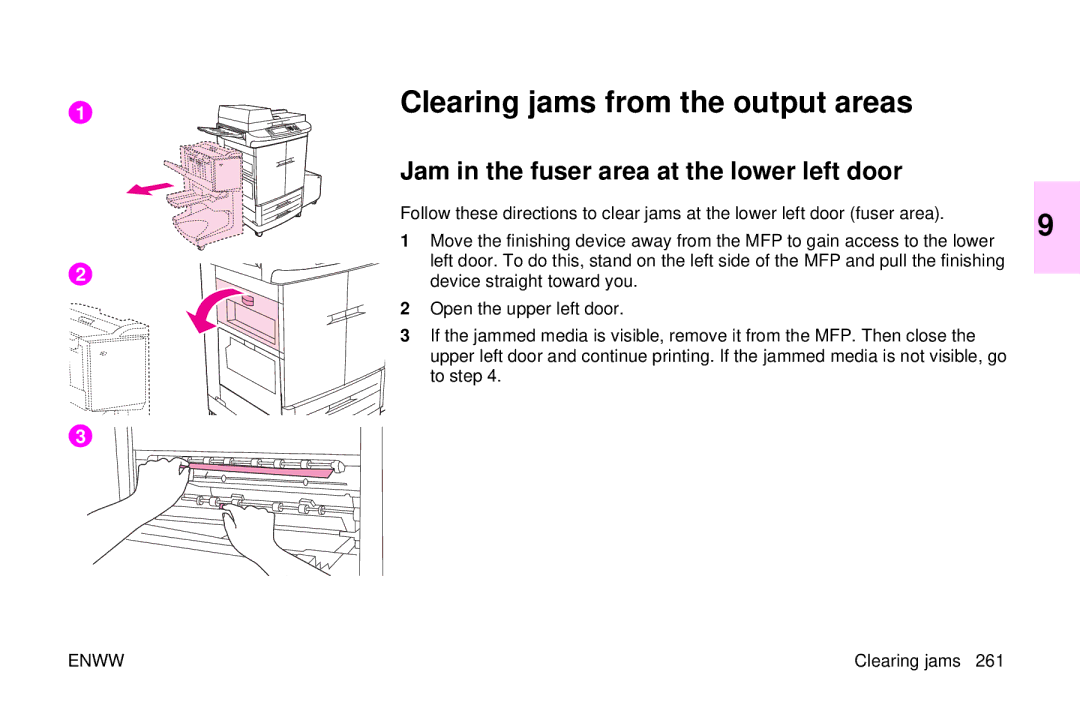 HP 9500mfp manual Clearing jams from the output areas, Jam in the fuser area at the lower left door 