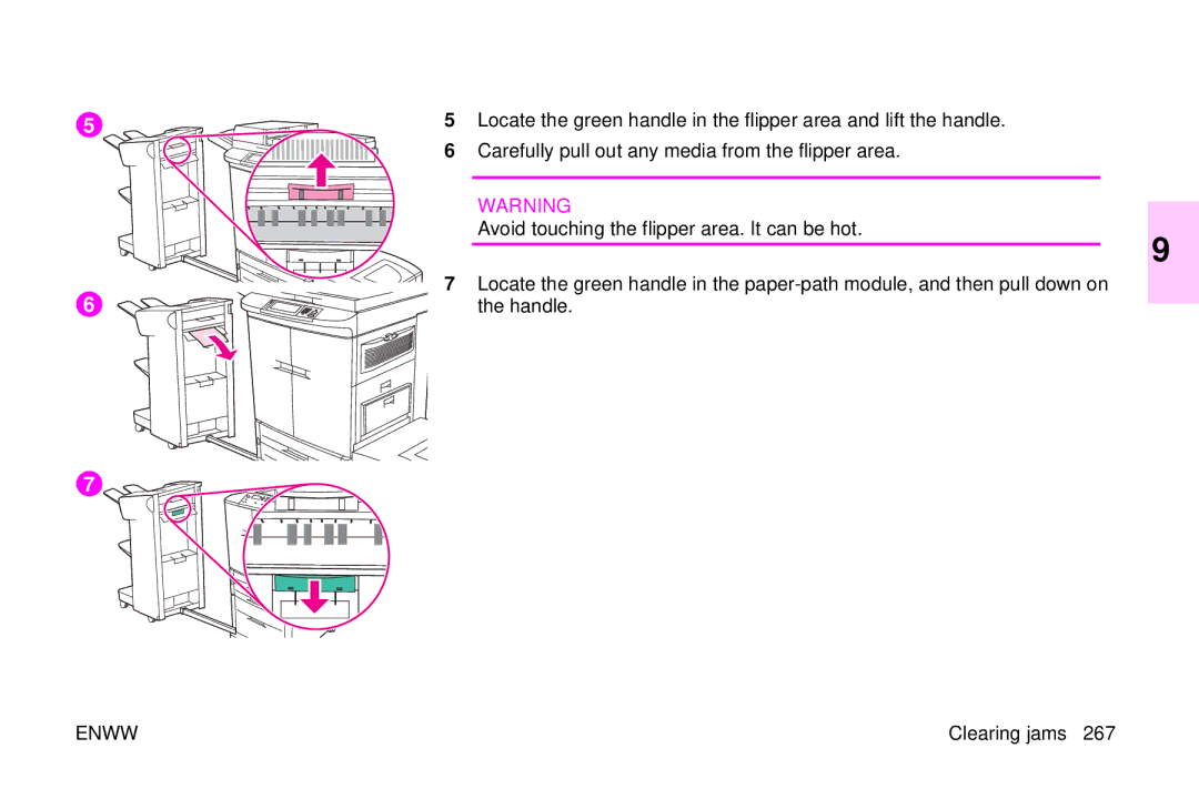 HP 9500mfp Carefully pull out any media from the flipper area, Avoid touching the flipper area. It can be hot, Handle 