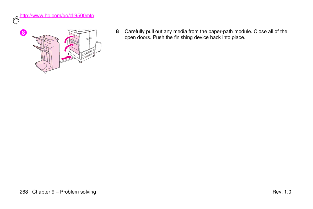 HP 9500mfp manual Open doors. Push the finishing device back into place 