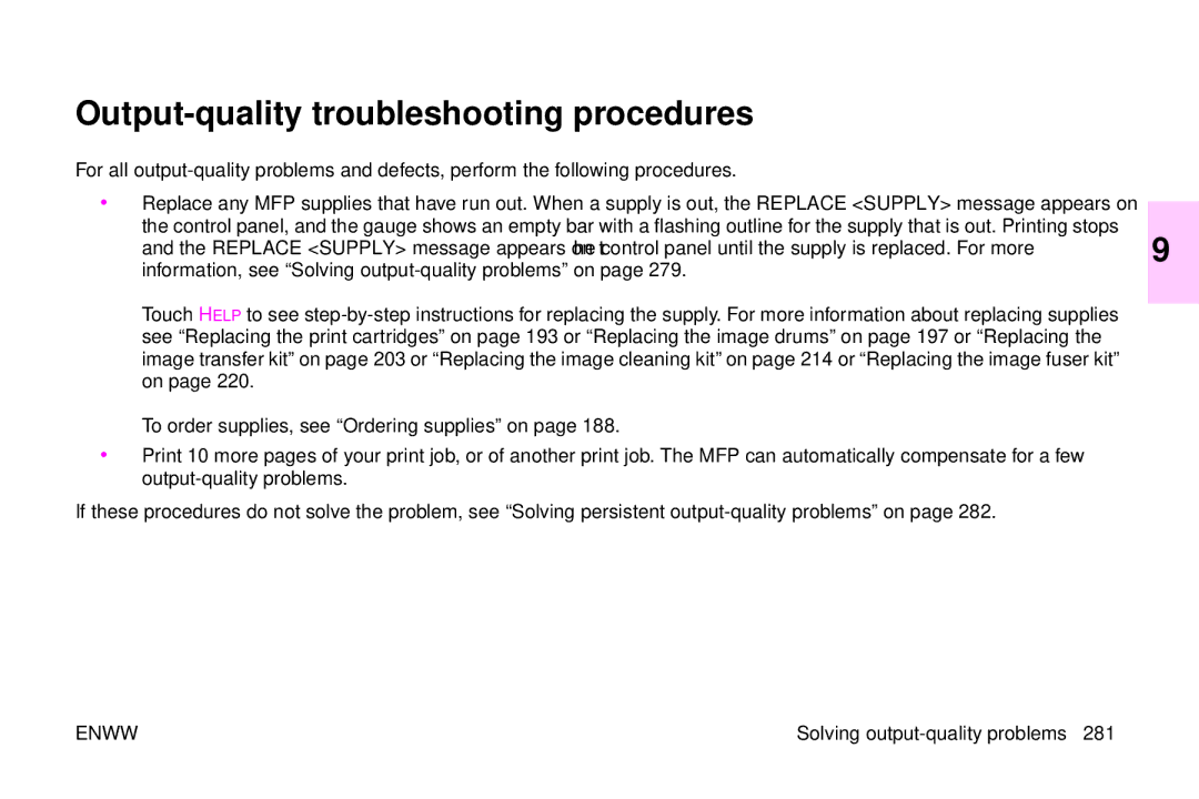 HP 9500mfp manual Output-quality troubleshooting procedures 