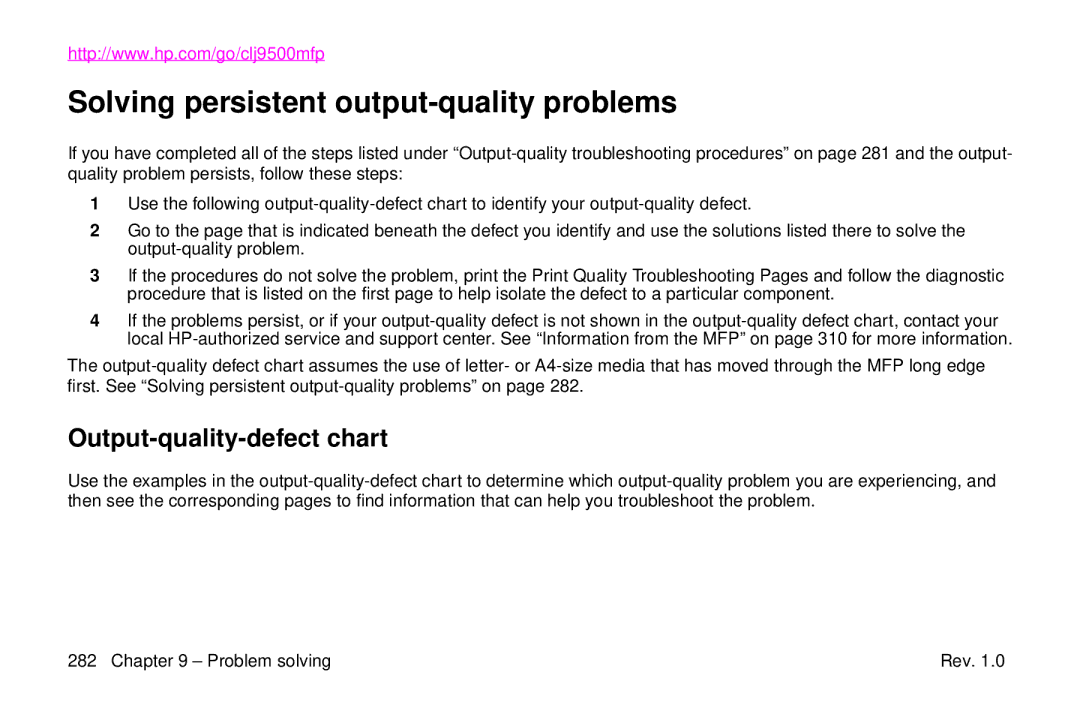 HP 9500mfp manual Solving persistent output-quality problems, Output-quality-defect chart 